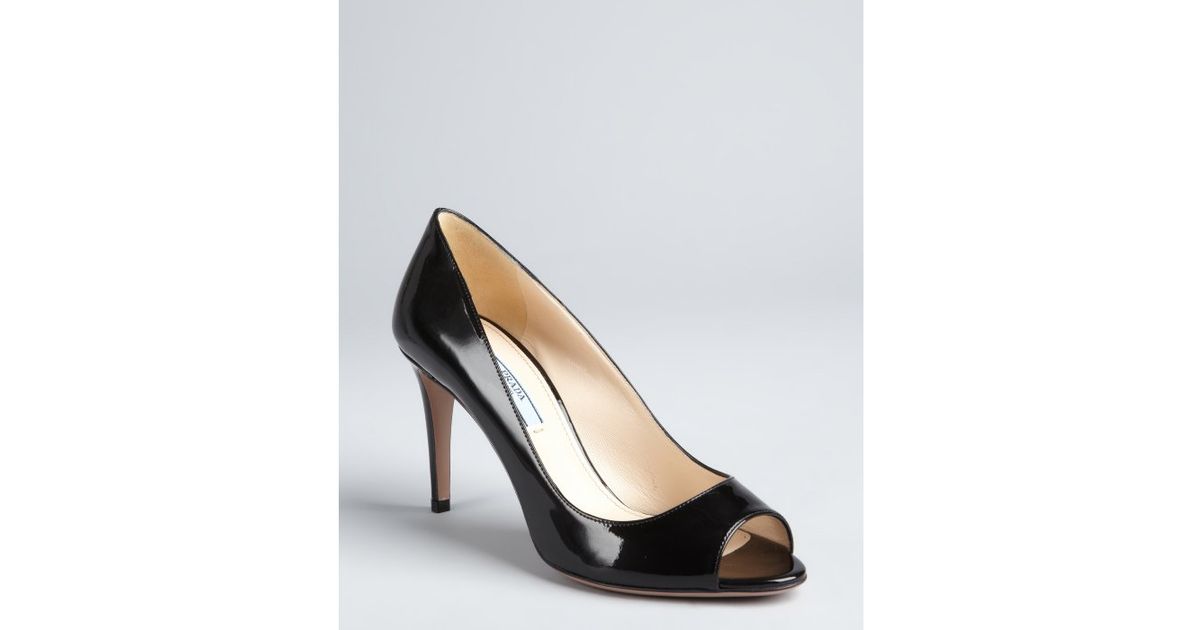 Lyst Prada Black Patent Leather Peep Toe Pumps In Black