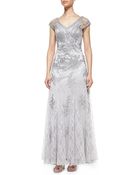 Sue Wong Cap-Sleeve Lace Appliqué Gown - Lyst
