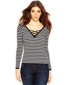 Guess Long-Sleeve Striped Lace-Up Sweater - Lyst