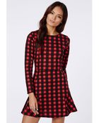 Missguided Micah Long Sleeve Flippy Skater Dress Red/ Black Check - Lyst