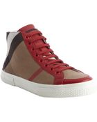 Burberry Red Leather And Nova Check Canvas 'Tess' High Top Sneakers - Lyst