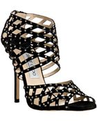 Jimmy Choo Black Suede Crystal Enigma Caged Sandals - Lyst