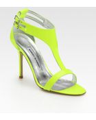 Manolo Blahnik Patent Leather T-strap Sandals - Lyst