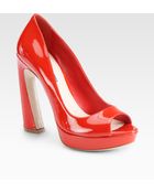Miu Miu Patent Leather Peep Toe Flared Heel Pumps - Lyst