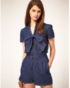 ASOS Collection Asos Pussybow Denim Playsuit - Lyst