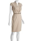Calvin Klein Sand Woven Pleated V-neck Belted Dress - Lyst