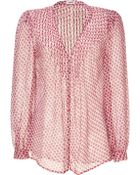 L'Agence Red Floral Printed Silk Band Collar Blouse - Lyst