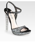 Miu Miu Glitter and Suede Jeweled Heel Sandals - Lyst