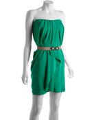 BCBGMAXAZRIA Emerald Pleated Silk Belted Strapless Dress - Lyst
