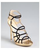 Jimmy Choo Black and Gold Leather Bunting Caged Sandals - Lyst
