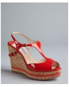 Prada Red Patent Leather And Cork Peep Toe Wedges - Lyst