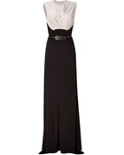 Elie Saab Silverbeigeblack Belted Silk Jersey Gown - Lyst