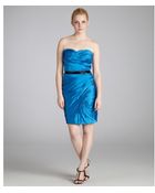 Ml Monique Lhuillier Blue Ruched Taffeta Strapless Beaded Waist Dress - Lyst