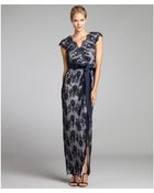 Tadashi Shoji Navy Floral Lace V-neck Bow Belt Gown - Lyst