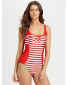 Oscar de la Renta Onepiece Stripedfront Swimsuit - Lyst