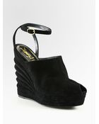 Saint Laurent Suede Peep Toe Wedge - Lyst