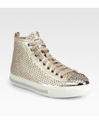 Miu Miu Studded Metallic Leather Sneakers - Lyst