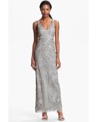 Sue Wong Vneck Embroidery Bead Overlay Gown - Lyst