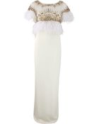 Marchesa Embroidered Feather Detail Gown - Lyst