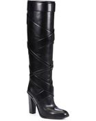 Saint Laurent Hunting Striped Leather Kneehigh Boots - Lyst
