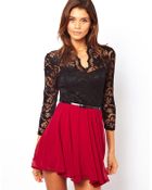 John Zack Belted Skater Dress in Lace - Lyst