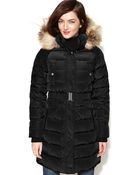 Jones New York Hooded Faux-fur-trim Belted Puffer - Lyst