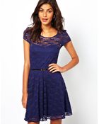 Asos Lace Skater Dress with Short Sleeves and Belt - Lyst