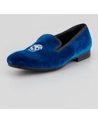 Alexander McQueen Mens Velvet Skull-Embroidered Slipper - Lyst