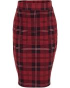 Topshop Red Check Tube Skirt - Lyst