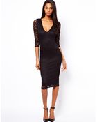 Asos Midi V Neck Lace Body-Conscious Dress - Lyst