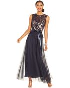 Xscape Illusion Lace Belted Peplum Gown - Lyst