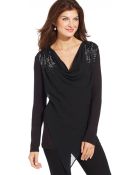Karen Kane Long-Sleeve Cowl-Neck Beaded Asymmetrical Top - Lyst