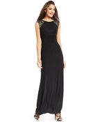 Xscape Cap-Sleeve Beaded Ruched Gown - Lyst