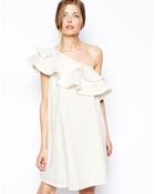 Asos Premium Dress With Asymmetrical Frill In Broderie - Lyst