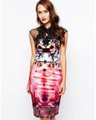 Forever Unique Floral Print Pencil Dress with Lace Neck - Lyst