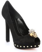 Alexander McQueen Black Suede Punk Skull Detail Peep-Toe Platform Pumps - Lyst