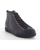 Prada Black Leather Lace Up Cap Toe Sneakers - Lyst