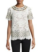 Monique Lhuillier Short-Sleeve Lace Embellished Top - Lyst