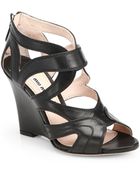 Miu Miu Leather Cut-Out Wedge Sandals - Lyst