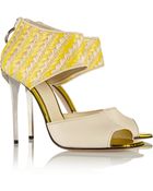 Just Cavalli Leather And Woven Raffia Sandals - Lyst
