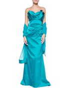 Theia Strapless Satin Gown With Stole - Lyst