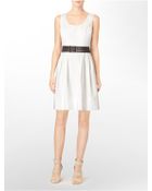 Calvin Klein Pleated Fit + Flare Belted Sleeveless Dress - Lyst