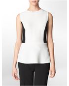 Calvin Klein Ponte Knit + Faux Leather Detail Peplum Sleeveless Top - Lyst