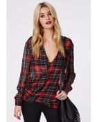 Missguided Wrap Over Tartan Chiffon Blouse Burgundy - Lyst