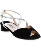 Prada Criss-Cross Suede Metallic Leather Jeweled Sandals - Lyst