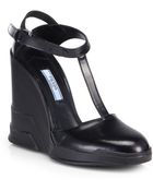 Prada Leather T-Strap Wedge Pumps - Lyst