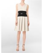 Calvin Klein Colorblock V-Neck Belted Fit + Flare Sleeveless Dress - Lyst