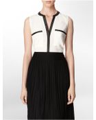 Calvin Klein Faux Leather Trim Button Front Sleeveless Top - Lyst