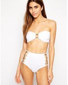 Asos Gold Trim Strap High Waist Bikini Bottom - Lyst
