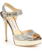 Jimmy Choo Linda Glitter-Coated Leather Platform Sandals - Lyst